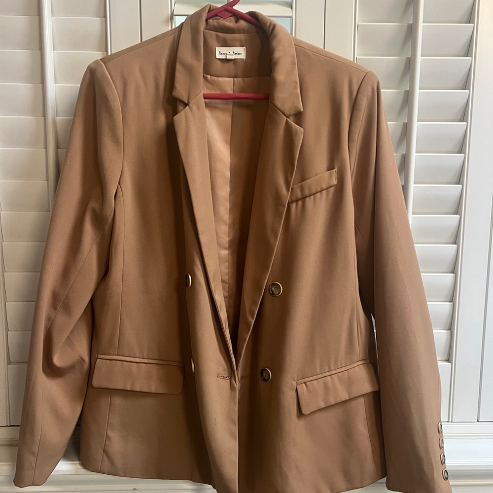 Anne Klein Camel Double-Breasted Blazer with Gold Buttons